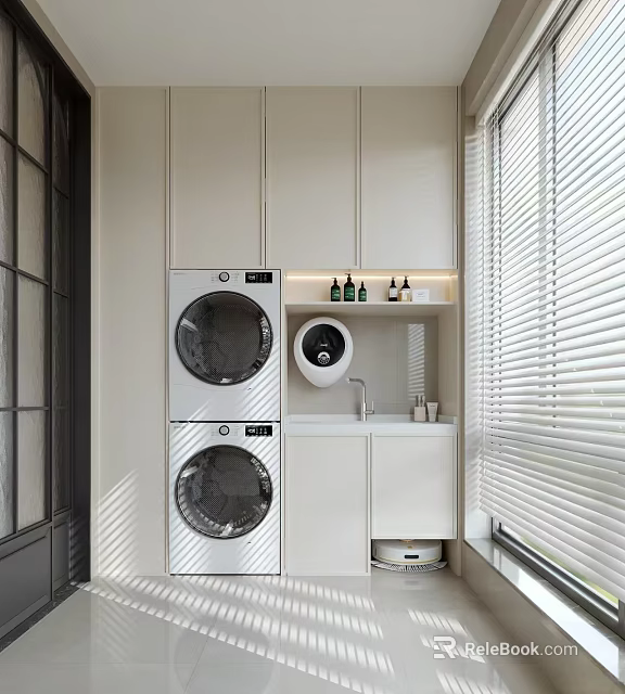 Modern Balcony Cabinet With Stacked Washer Dryer Sink And Window Blinds 3d model 