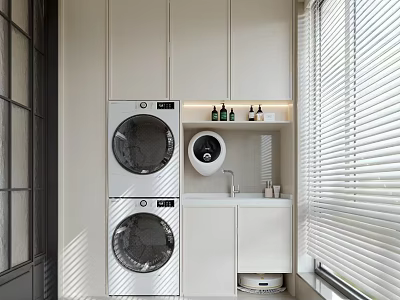 Modern Balcony Cabinet With Stacked Washer Dryer Sink And Window Blinds 3d model