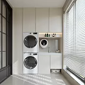 Modern Balcony Cabinet With Stacked Washer Dryer Sink And Window Blinds