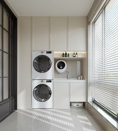 Modern Balcony Cabinet With Stacked Washer Dryer Sink And Window Blinds 3d model