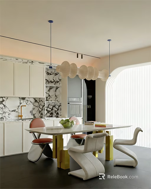 Modern Restaurant Interior With Marble Wall Pendant Lights And Dining Table Chairs 3d model 