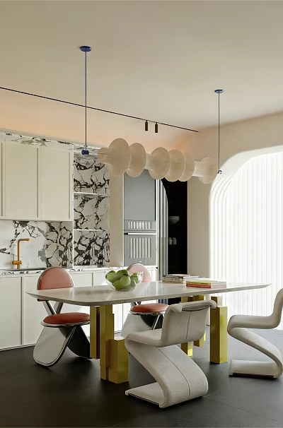 Modern Restaurant Interior With Marble Wall Pendant Lights And Dining Table Chairs 3d model