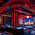 Industrial Style Bar Interior With Red Neon Lights And Moon Decor