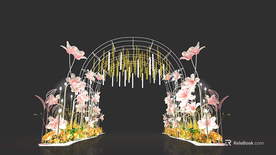 Decorative Event Arch With Pink Flowers Golden Pendants Green Plants And Butterflies 3d model 