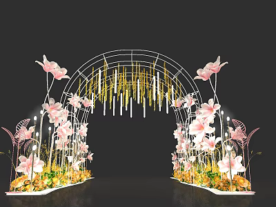Decorative Event Arch With Pink Flowers Golden Pendants Green Plants And Butterflies 3d model