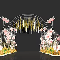 Decorative Event Arch With Pink Flowers Golden Pendants Green Plants And Butterflies