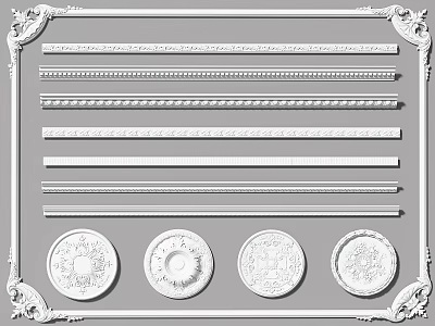 Various Decorative Gypsum Molding Designs With Linear Patterns And Ceiling Rosettes 3d model