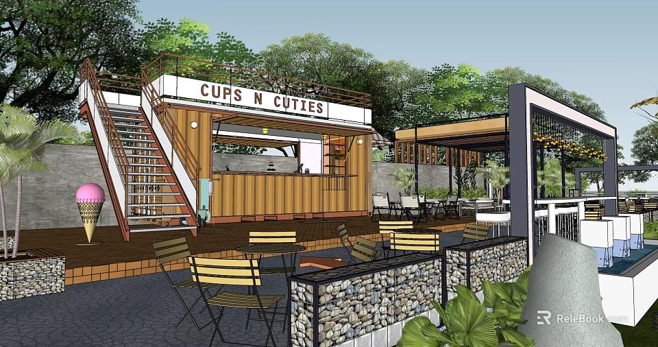 Shipping Container Cafe Building With Outdoor Seating Staircase Canopy And Green Plants 3d model 