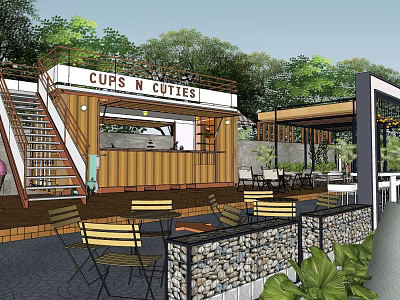 Shipping Container Cafe Building With Outdoor Seating Staircase Canopy And Green Plants 3d model