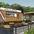 Shipping Container Cafe Building With Outdoor Seating Staircase Canopy And Green Plants