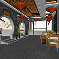 Traditional Chinese Restaurant Interior Featuring Circular Archway Yellow Lanterns Red Chairs And Ink Paintings