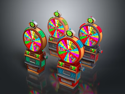 Vibrant Casino Slot Machines Featuring Colorful Spinning Wheels and Green Top Decorations on Gray Background 3d model