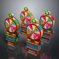 Vibrant Casino Slot Machines Featuring Colorful Spinning Wheels and Green Top Decorations on Gray Background