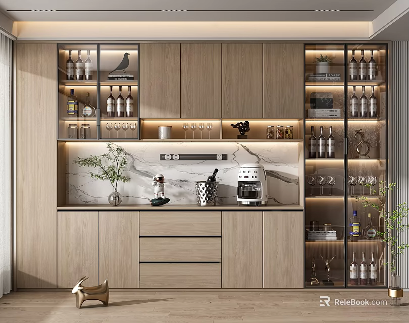 Modern Wine Cabinet With Wooden Cabinets Glass Doors Marble Countertop And Decorative Items 3d model 