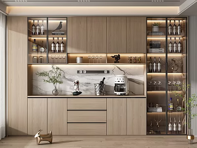 Modern Wine Cabinet With Wooden Cabinets Glass Doors Marble Countertop And Decorative Items 3d model