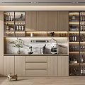 Modern Wine Cabinet With Wooden Cabinets Glass Doors Marble Countertop And Decorative Items
