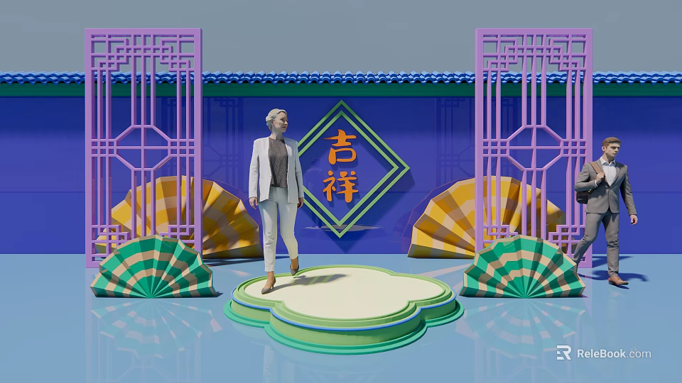 Vibrant Interactive Zone With Chinese Style Screens Auspicious Character And Fan Decorations 3d model 