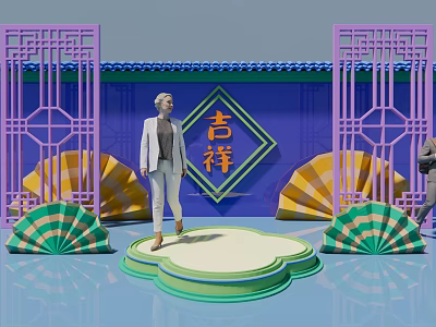 Vibrant Interactive Zone With Chinese Style Screens Auspicious Character And Fan Decorations 3d model