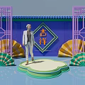 Vibrant Interactive Zone With Chinese Style Screens Auspicious Character And Fan Decorations