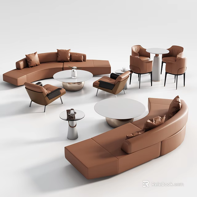 Modern Brown Leather Leisure Sofa Set With Round Coffee Tables And Accent Chairs 3d model 