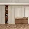 Modern Minimalist Wardrobe With White Panels Wooden Drawers And Open Shelves