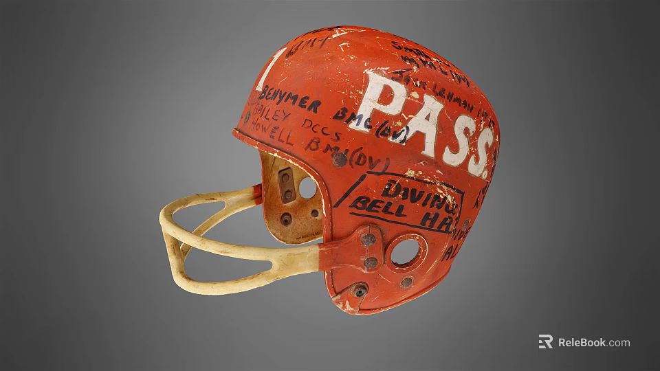 Vintage Red Football Helmet With Handwritten PASS And Text Details 3d model 