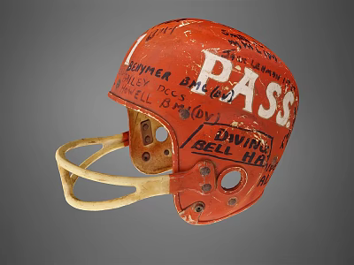 Vintage Red Football Helmet With Handwritten PASS And Text Details 3d model