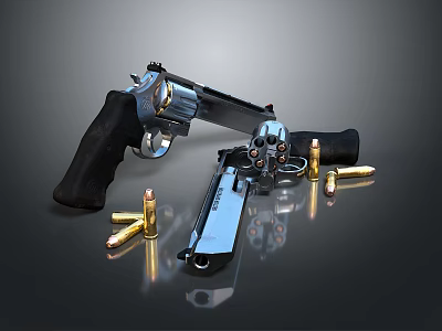 Revolver And Semi Automatic Pistol With Bullets And Skull On Dark Surface 3d model