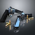 Revolver And Semi Automatic Pistol With Bullets And Skull On Dark Surface