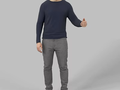 Man In Dark Blue Long Sleeve Sweater And Gray Pants Standing Gesturing With Right Hand 3d model