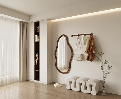 Modern Built in Shoe Cabinet With Oval Mirror Coat Rack And White Stools 3d model