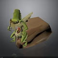 Green Mythical Winged Creature Sitting On Brown Rock With Yellow Details And Red Chest Pattern