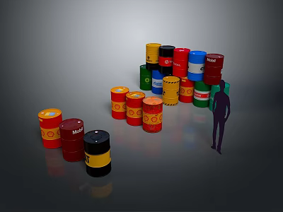 Household Supplies Including Various Colored Oil Drums With Person Silhouette Nearby 3d model