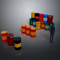 Household Supplies Including Various Colored Oil Drums With Person Silhouette Nearby