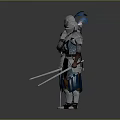 Medieval Knightly Weapons Held by Armored Knights in Blue and Silver Armor