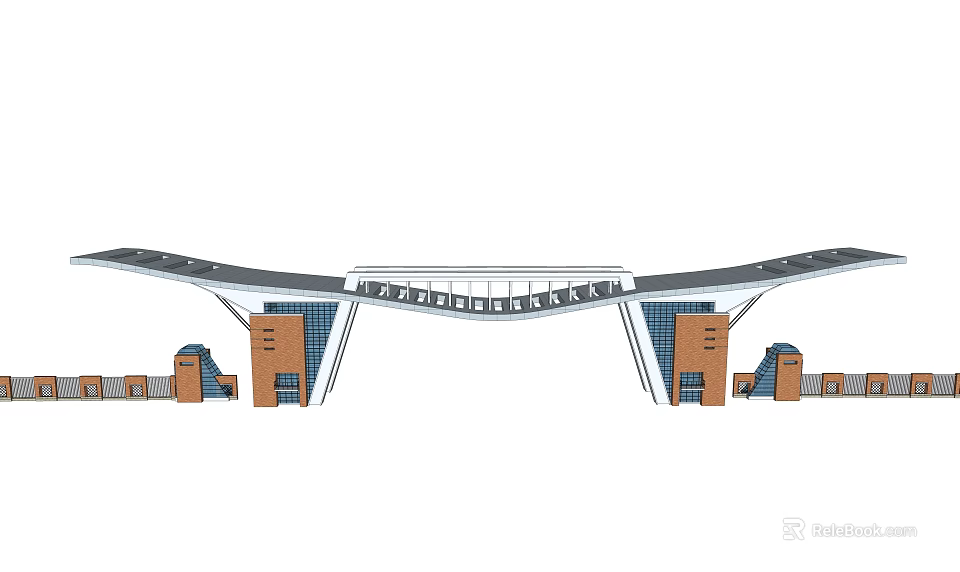 Modern Grand Entrance Gate With Curved Roof Red Brick Structures And Glass Elements 3d model 