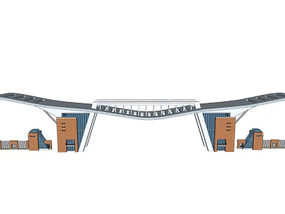 Modern Grand Entrance Gate With Curved Roof Red Brick Structures And Glass Elements 3d model