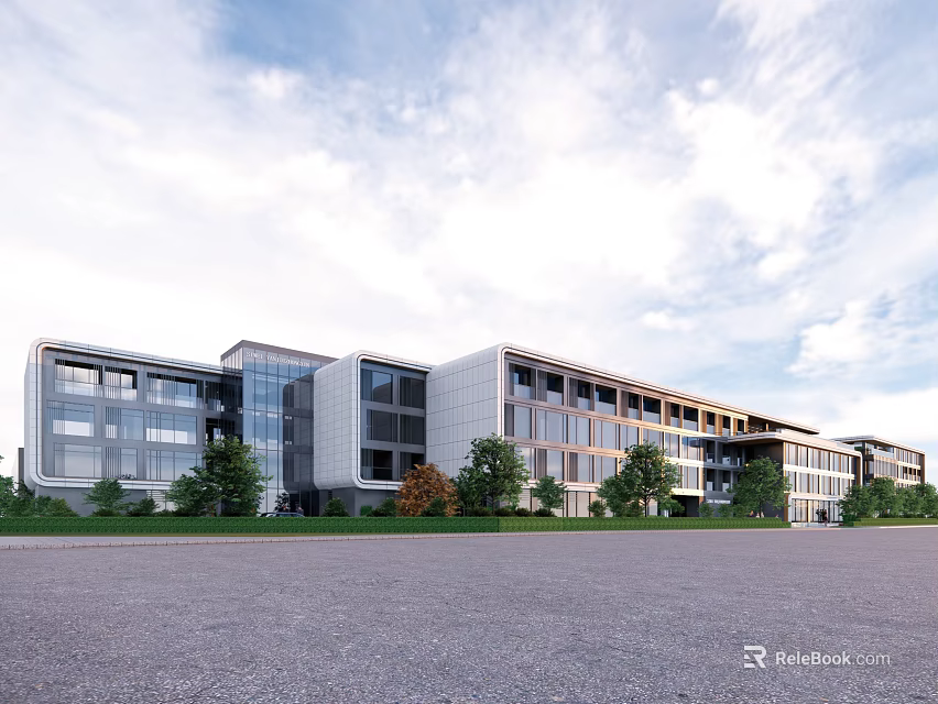 Modern Office Building with Glass Curtain Walls Surrounded by Greenery and Spacious Front Yard 3d model 