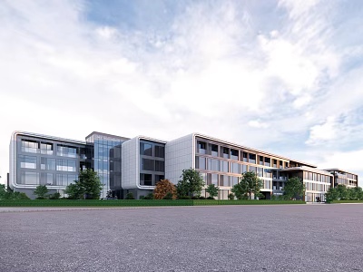 Modern Office Building with Glass Curtain Walls Surrounded by Greenery and Spacious Front Yard 3d model