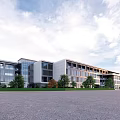 Modern Office Building with Glass Curtain Walls Surrounded by Greenery and Spacious Front Yard