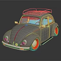 Vintage Gray Beetle Car With Red Wheels And Roof Rack Design