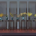 Modern Interior Adorned With Blue Vases Holding Yellow Flowers On Wooden Stands And Carved Screens