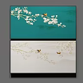 Botanical Paintings with White Flowers Branches and Bees on Green and Beige Backgrounds
