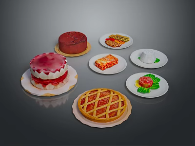 Assorted Dessert Platter With Red Cake Layered Cream Pie Lattice Top And Fruit Tarts 3d model