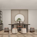 Modern Tea Room Interior With Large Windows City View Long Table Stools And Display Shelf 3d model