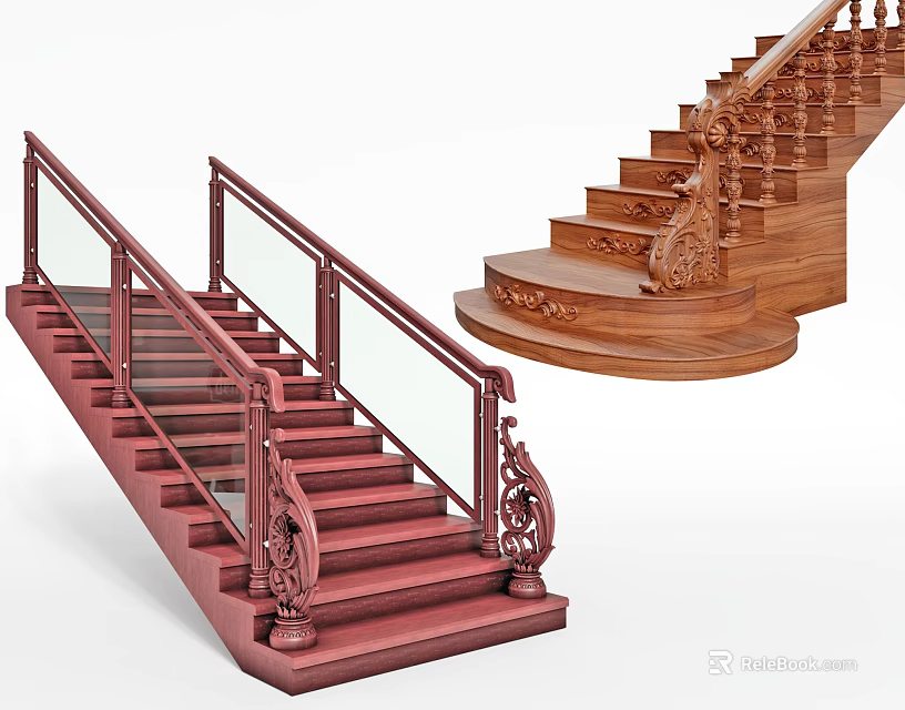 Classic Wooden Staircase Design With Glass Railings Carved Handrails And Curved Steps 3d model 