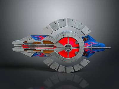 Futuristic Silver Water Vehicle With Red Circular Center Blue Accents And Gear Like Structure 3d model