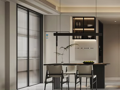 Modern Restaurant Interior With Dining Table Chairs Pendant Lights Plant And Window Blinds 3d model