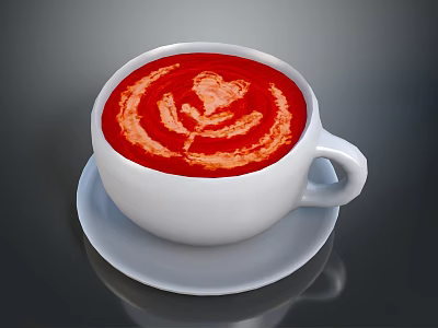 Red Latte With Leaf Shaped Foam Design In White Cup On White Saucer Dark Background 3d model