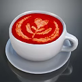Red Latte With Leaf Shaped Foam Design In White Cup On White Saucer Dark Background